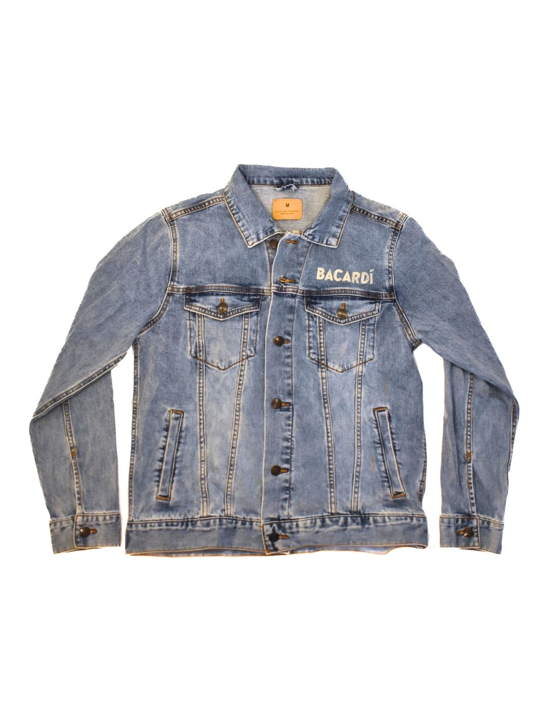 Bacardi light-wash denim jacket laid flat on white background with front buttons closed.