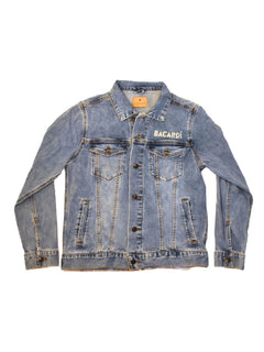 Bacardi light-wash denim jacket laid flat on white background with front buttons closed.